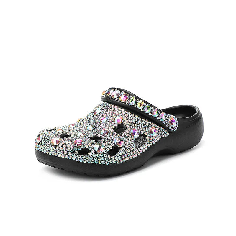 Black women's platform casual sandals with rhinestone holes and EVA construction