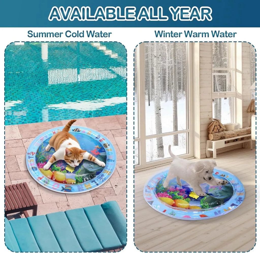 Thickened PVC water sensory playmat for cats and dogs with floating fish toys on a blue background