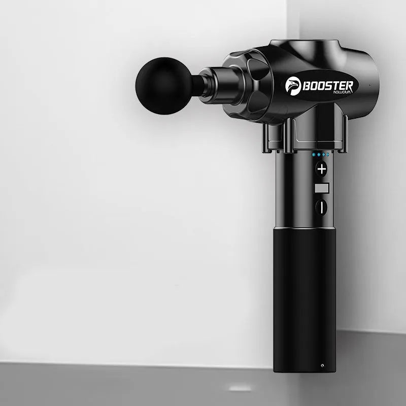 Black and white cordless electric massage gun for muscle relaxation.