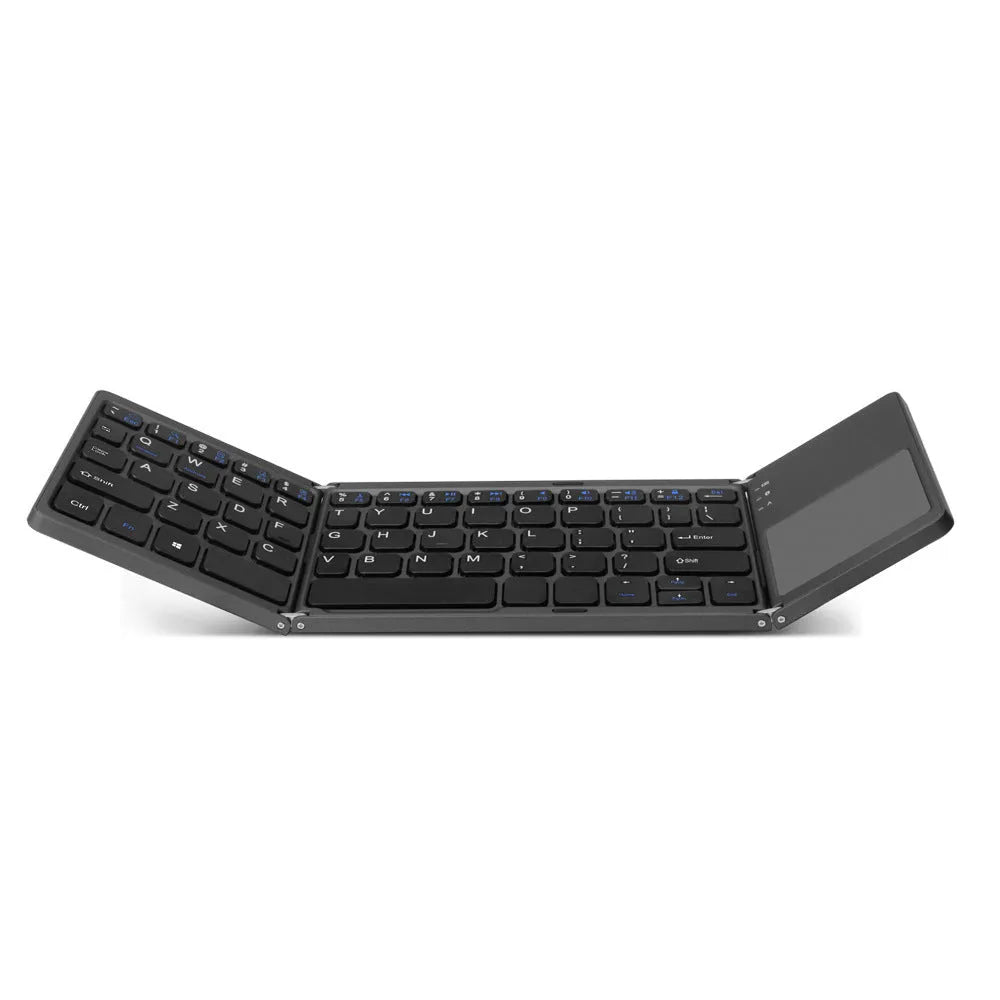 Black tri-fold folding Bluetooth keyboard with built-in touchpad, shown both folded and unfolded