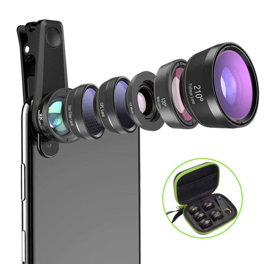 Black 6-in-1 smartphone lens kit with fisheye, macro, telephoto, wide-angle, CPL and star filter lenses and a universal clip.