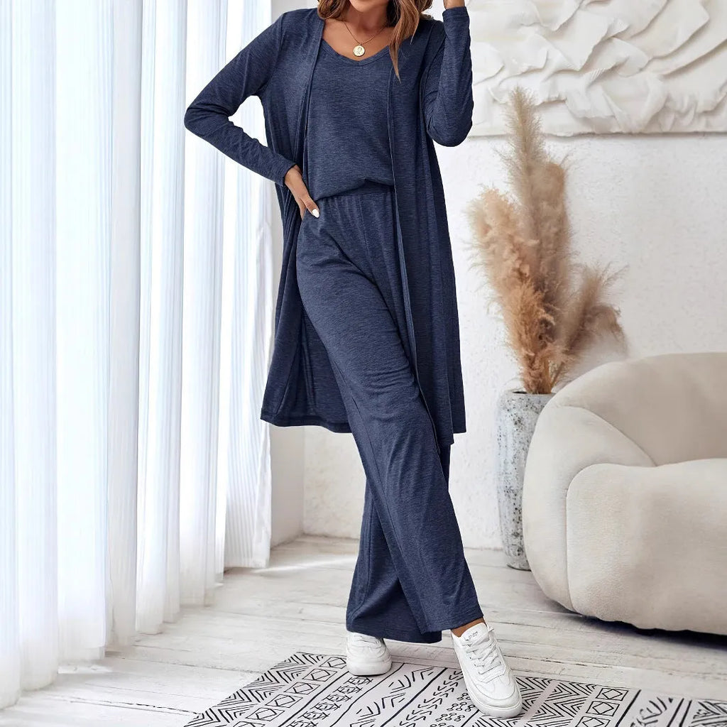 Blue women's three-piece casual suit with trousers, long cardigan and detachable suspenders in Japanese Korean style