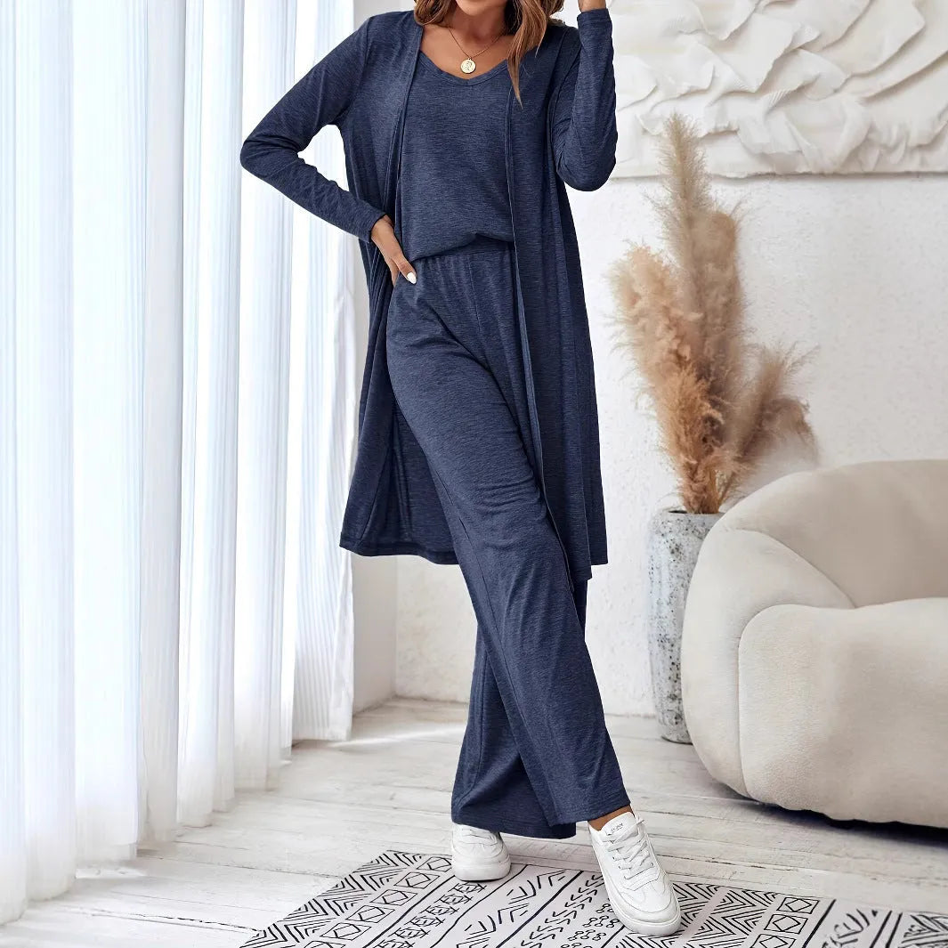 Blue women's three-piece casual suit with trousers, long cardigan and detachable suspenders in Japanese Korean style