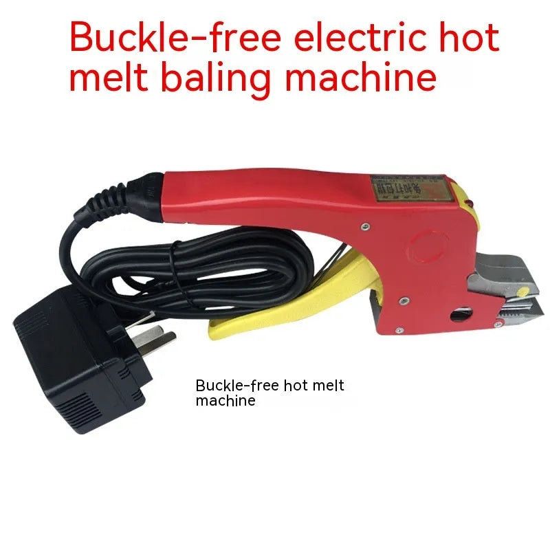 Electric hot melt packing machine with plastic steel tightener and yellow packaging tape for buckle-free strapping