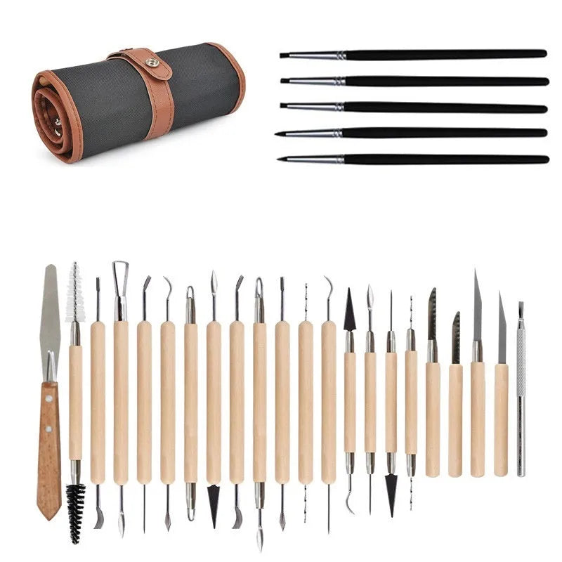 27-piece pottery clay tool set with stainless steel, wood, and plastic tools in a brown roll package.