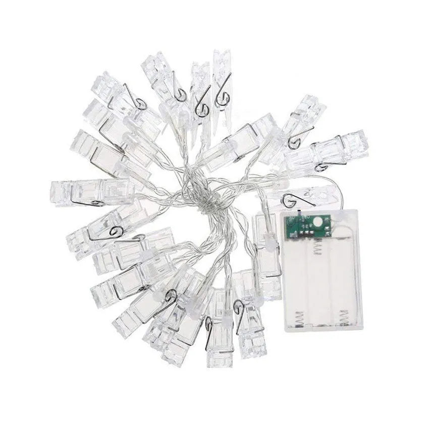 LED photo holder string lights with wooden clips and warm light, showing photos clipped to the string, 160 cm length