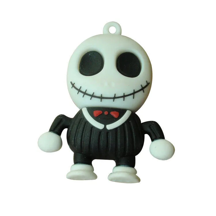 Skeleton skull design USB flash drive on a small keyring chain.