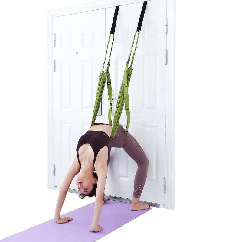 Green yoga stretch belt with door anchor for inversion exercises, 660lbs capacity