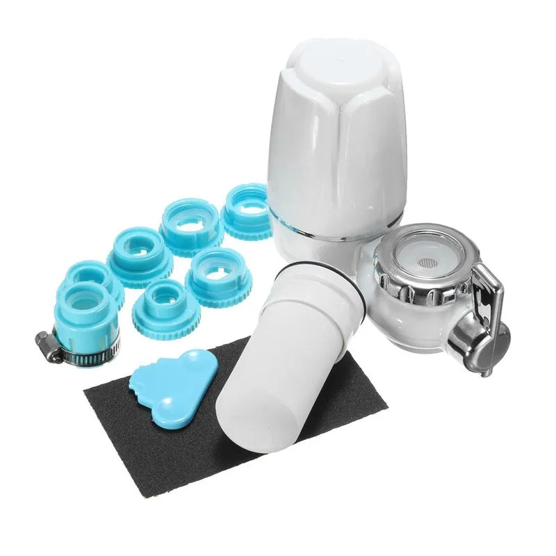 White kitchen tap water filter with ceramic cartridge showing switchable flow control and universal adapter fittings