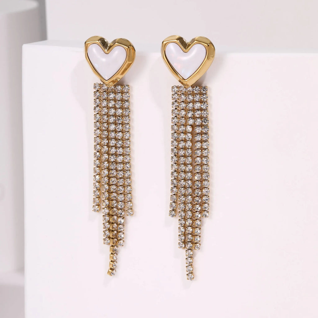 Stainless steel 18K gold electroplated earrings with diamond tassel designs in heart and star shapes
