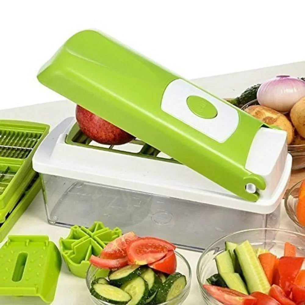 Green 12-piece manual vegetable chopper set with stainless steel blades on kitchen counter