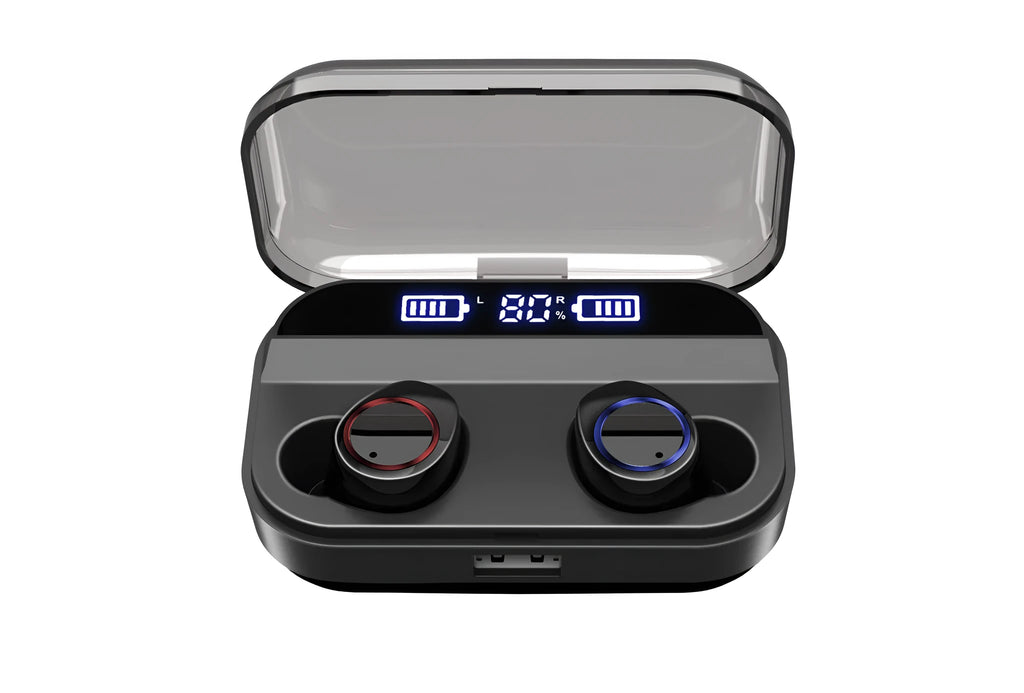 Black X11 Bluetooth wireless earbuds and charging case on a white background