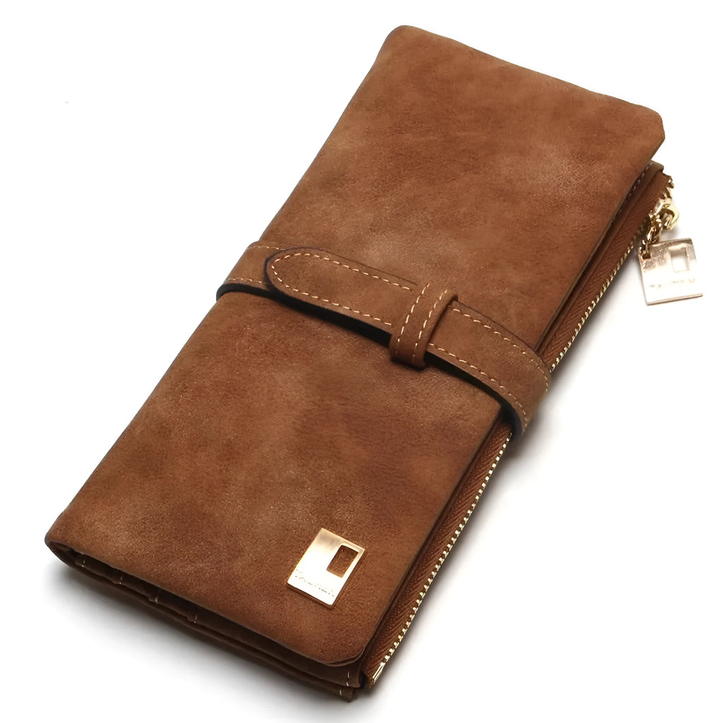 Women's long vertical zip wallet in retro matte PU leather, shown in an open two-fold view revealing internal card slots and compartments.