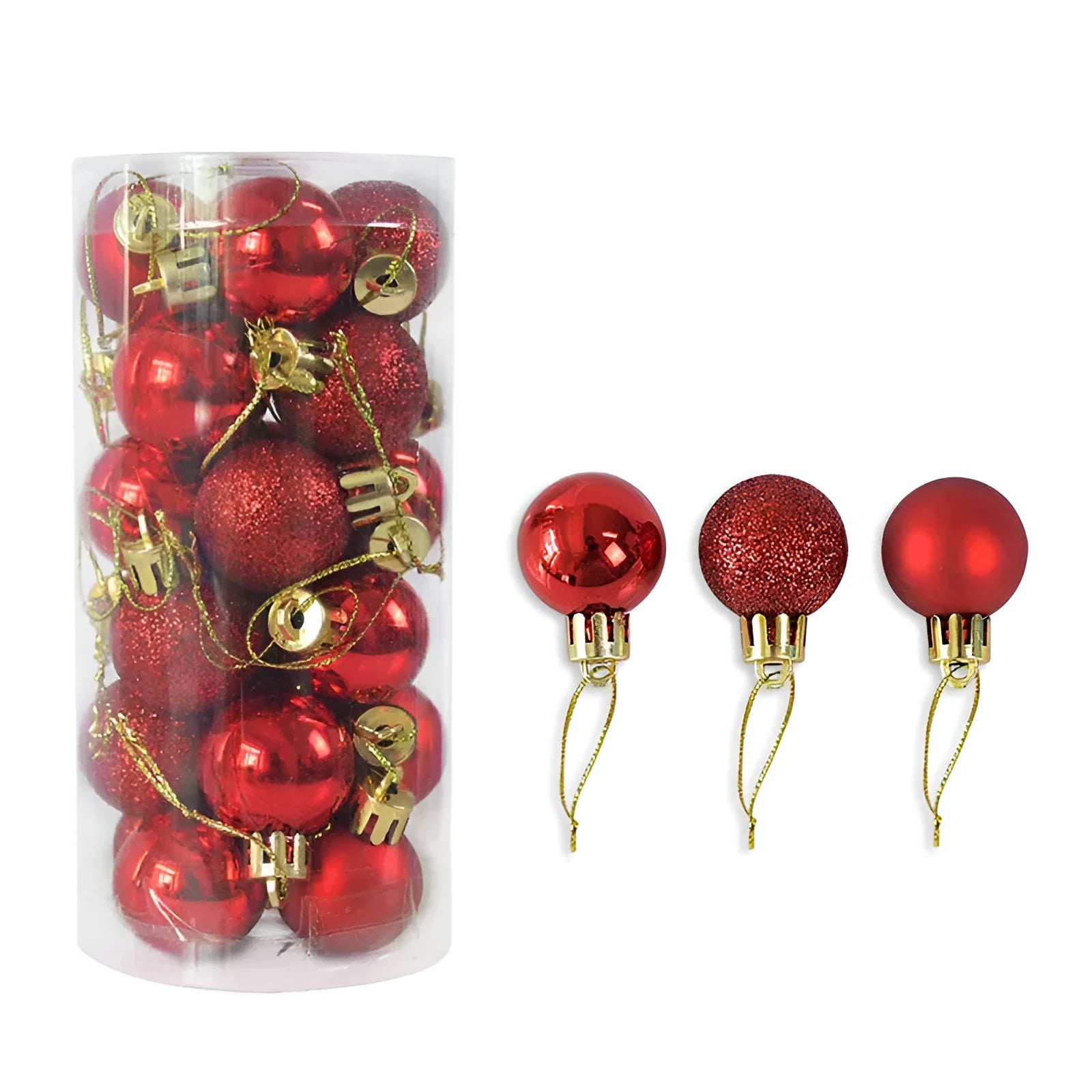 Assortment of shiny matte 3cm Christmas baubles in gold, red, silver, blue, pink, purple, green, and bronze colours