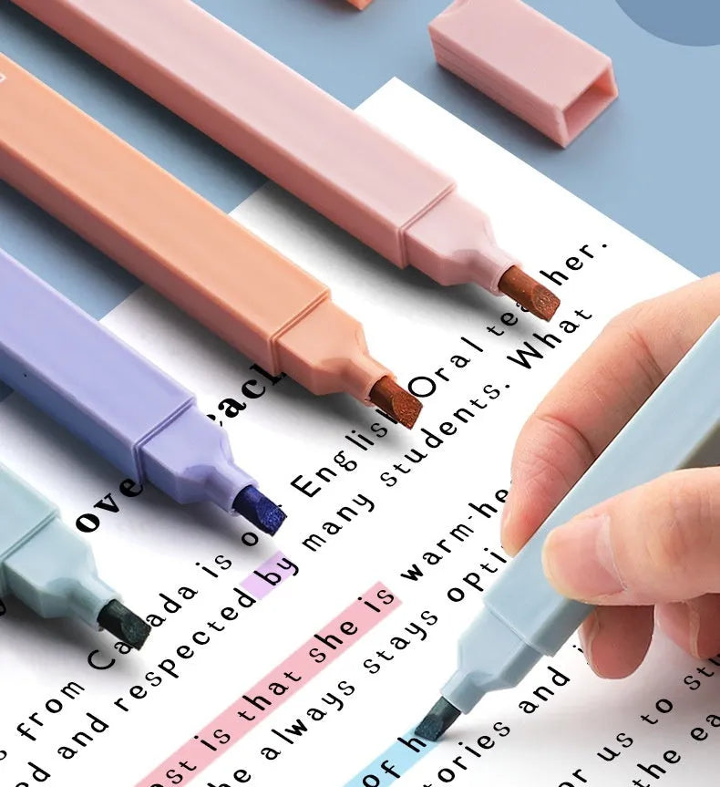 Set of double-tipped fluorescent marker pens showing chisel and bullet nibs, in mixed bright and pastel colours.