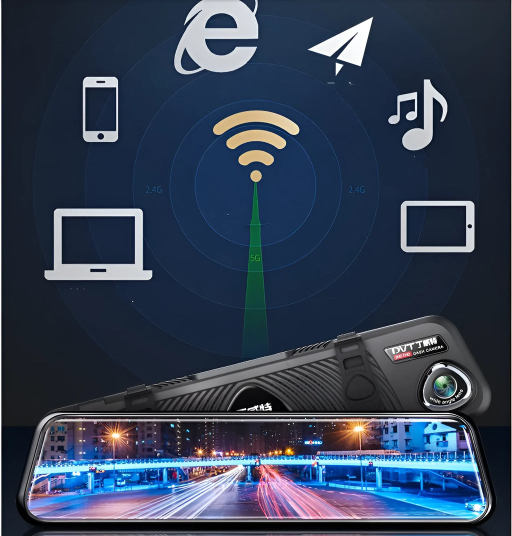 R9 8 inch black driving recorder with dual lens on windscreen showing 1080p display