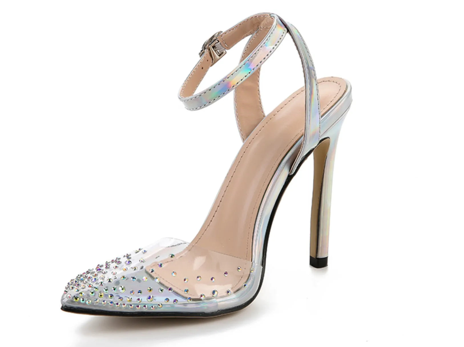 Women's pointed toe PVC sandals with diamond detail and a stiletto heel, shown in available sizes.