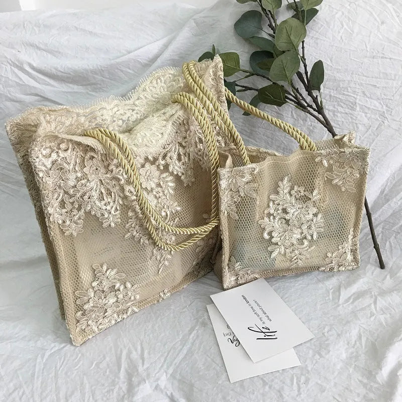 Handmade double layer lace shopping bag in black colour, small size