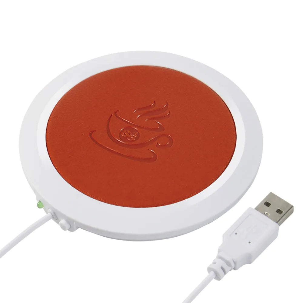 USB-powered insulated heating coaster for mugs in black, blue, and orange PU artificial leather.