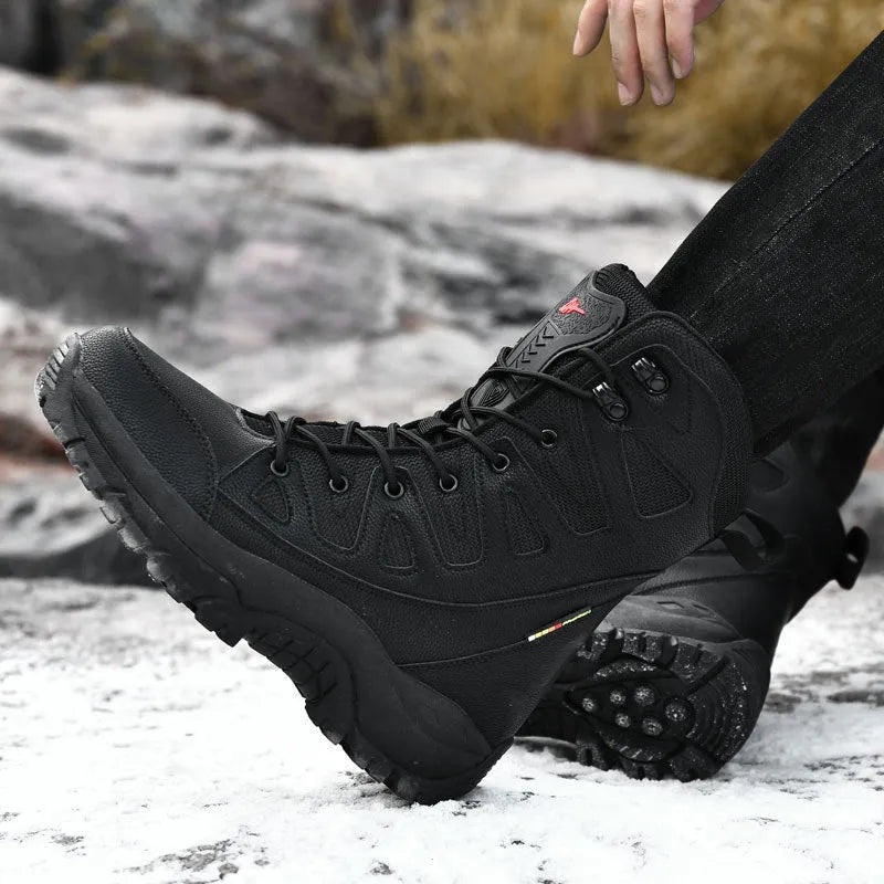 Men's beige cowhide hi-top hiking sneakers with platform sole for outdoor activities.