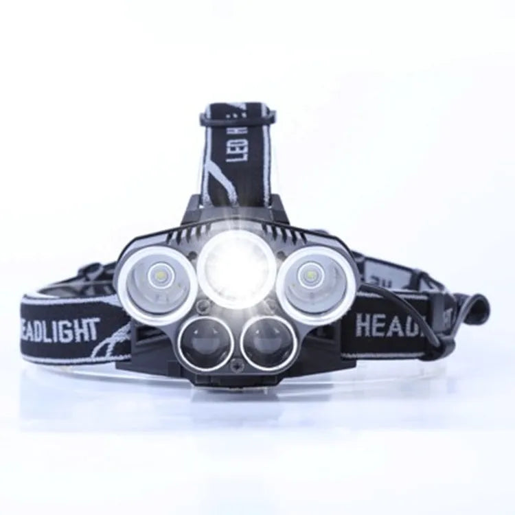 Head-mounted camping light with fixed focus long-range beam for outdoor use