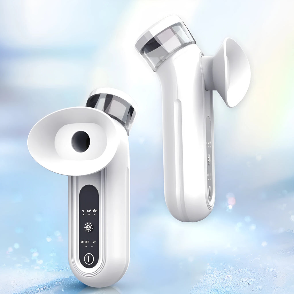White portable USB rechargeable eye compress machine for hot and cold therapy with atomiser.
