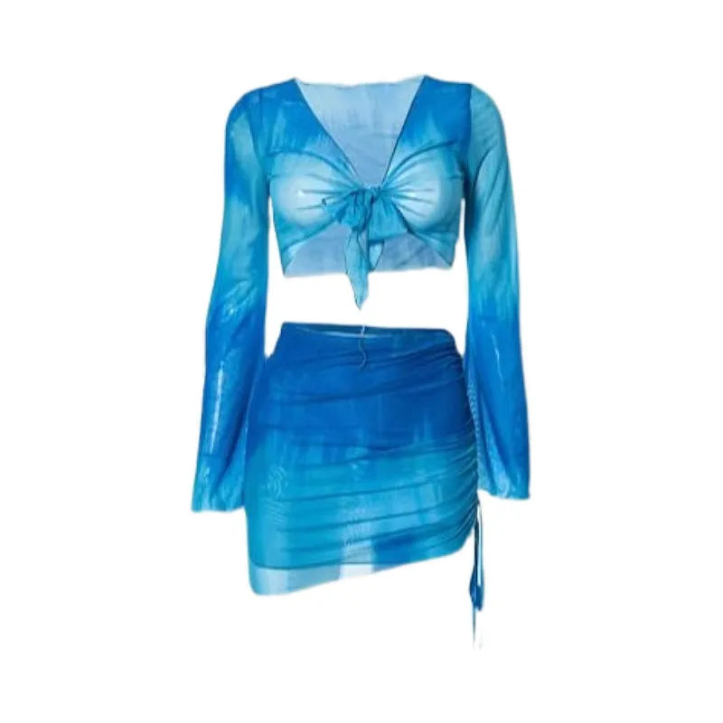 Women's four-piece blue or pink high waisted bikini set with skirt and bra for swimming and fitness