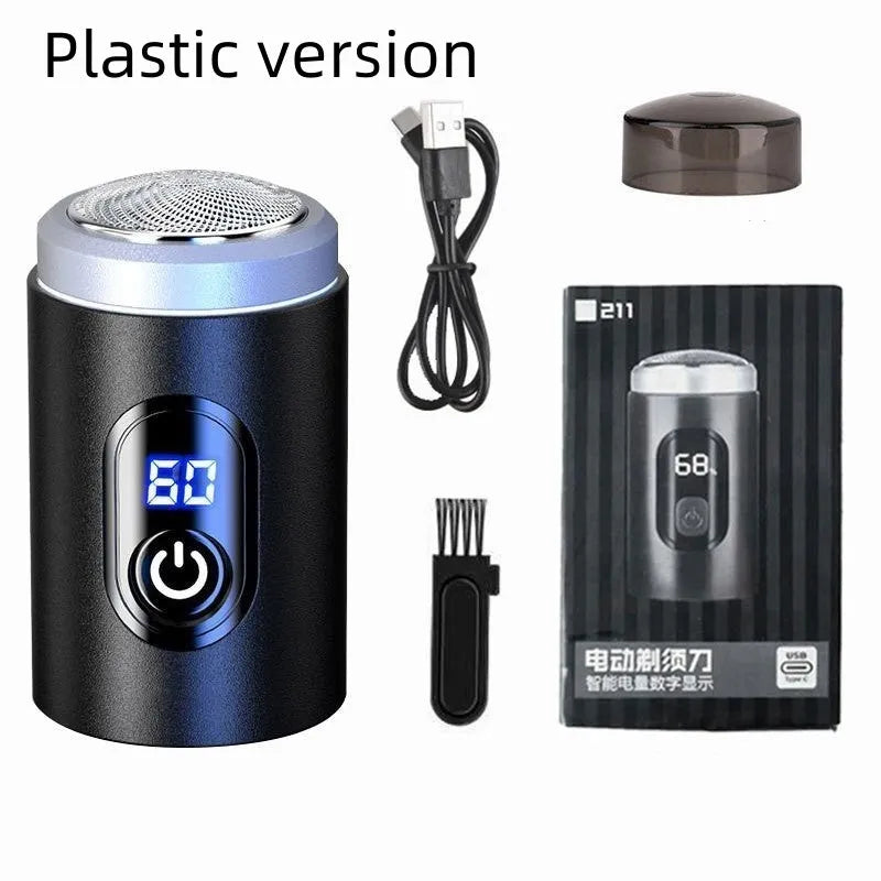 Black portable USB rechargeable electric shaver with cleaning brush and protective cover