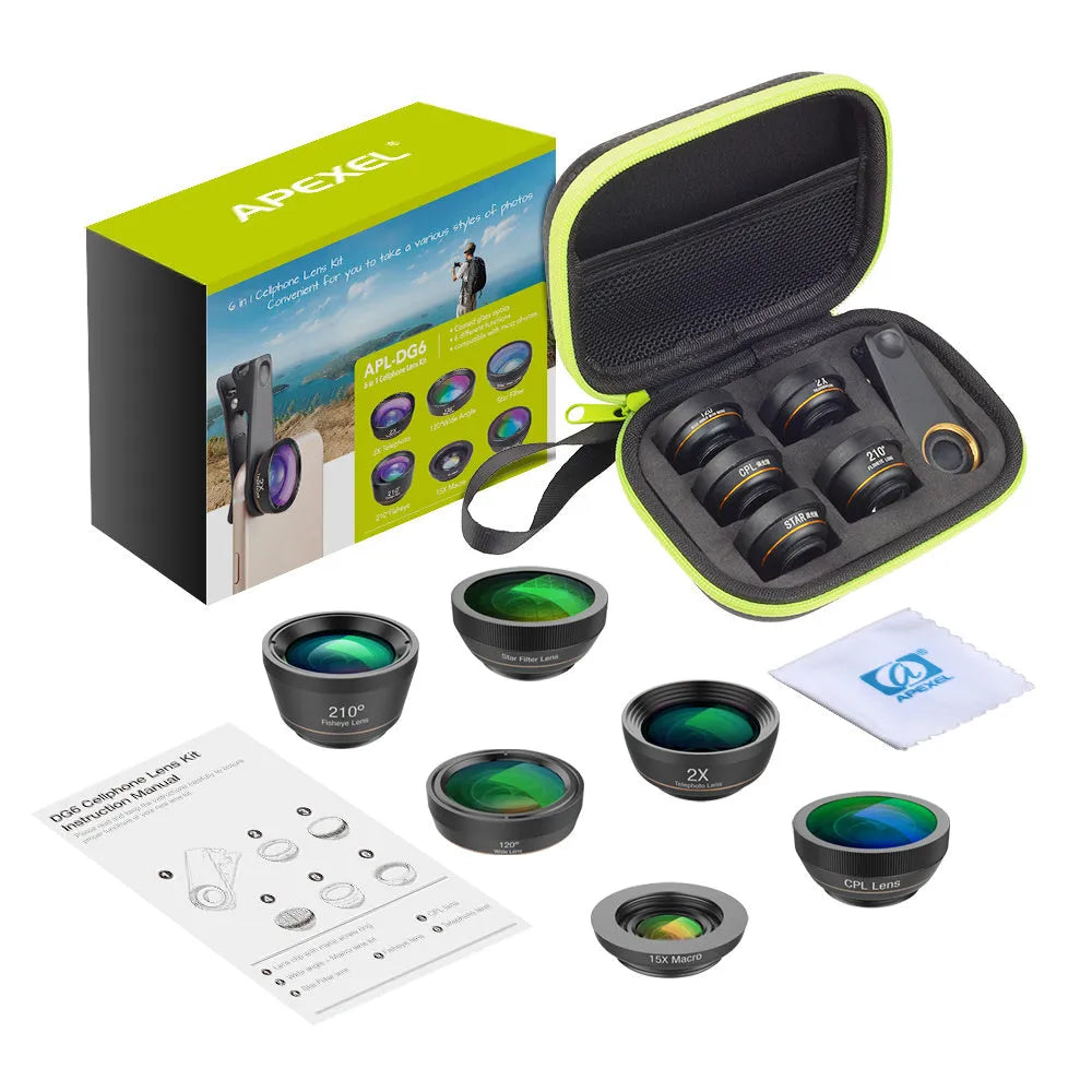 Black 6-in-1 smartphone lens kit with fisheye, macro, telephoto, wide-angle, CPL and star filter lenses and a universal clip.