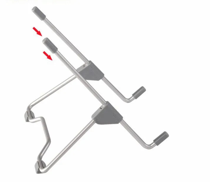 Grey adjustable height laptop and mobile phone stand made from aluminium alloy and plastic on a desk