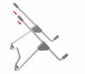 Grey adjustable height laptop and mobile phone stand made from aluminium alloy and plastic on a desk