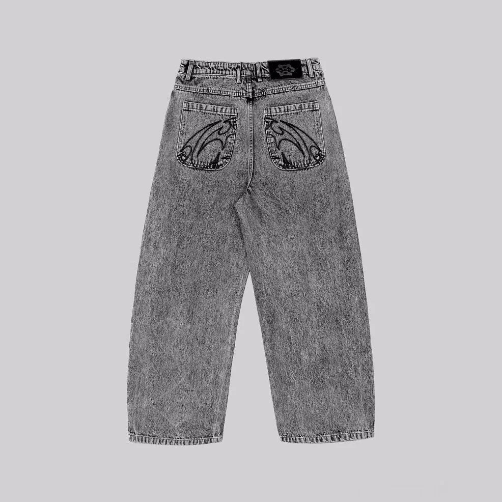 Grey loose straight-leg cotton denim trousers on mid-waist