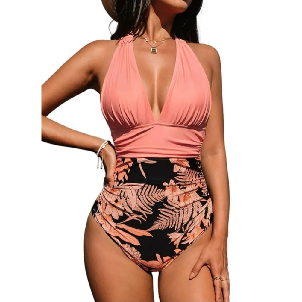 Women's halter neck one-piece swimsuit in multiple colour patterns with Asian sizing