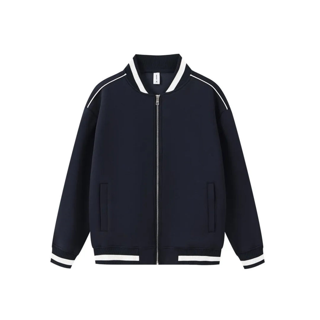Unisex loose college style casual polyester coat in navy blue, front view, sizes S to 3XL