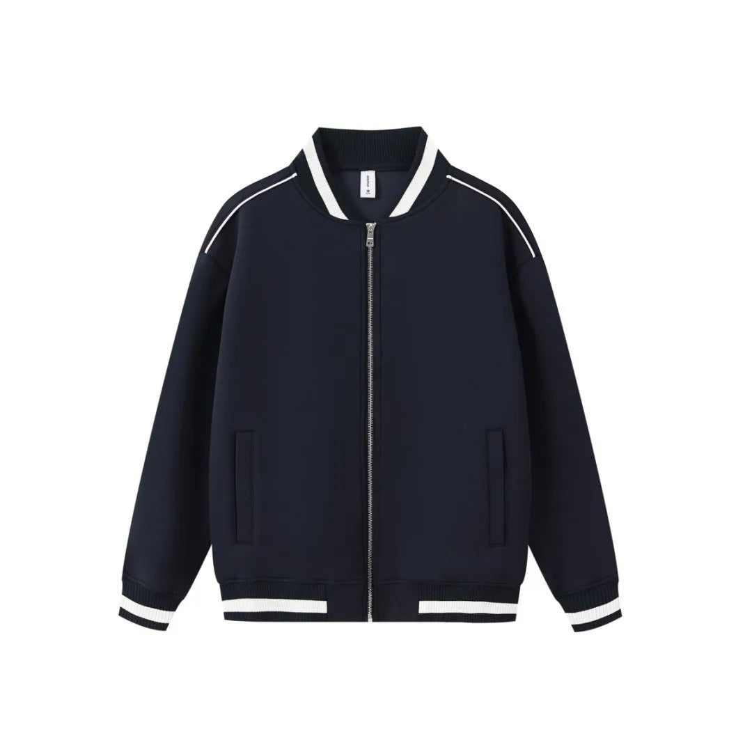 Unisex loose college style casual polyester coat in navy blue, front view, sizes S to 3XL