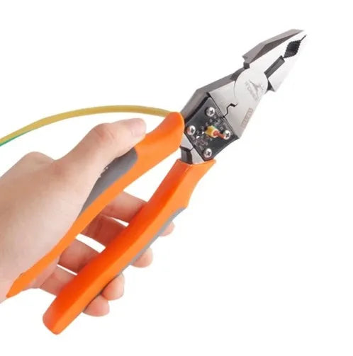 Orange-handled 9-inch multi-function wire cutter pliers with chrome steel jaws on a workbench.