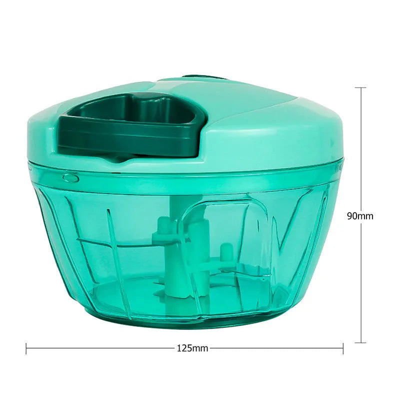 Green manual vegetable chopper with three stainless steel blades and 500ml ABS plastic container