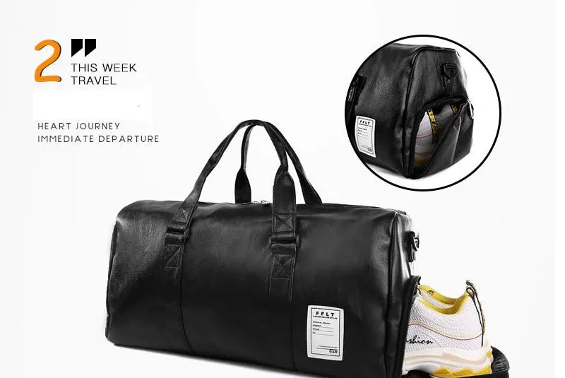 Black waterproof sports bag with diagonal straps and a separate shoe compartment, shown in large and small sizes.