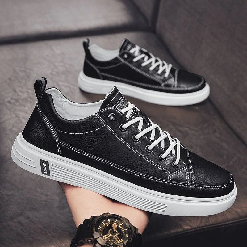 Men's white casual shoes with flat bottom and round toe design