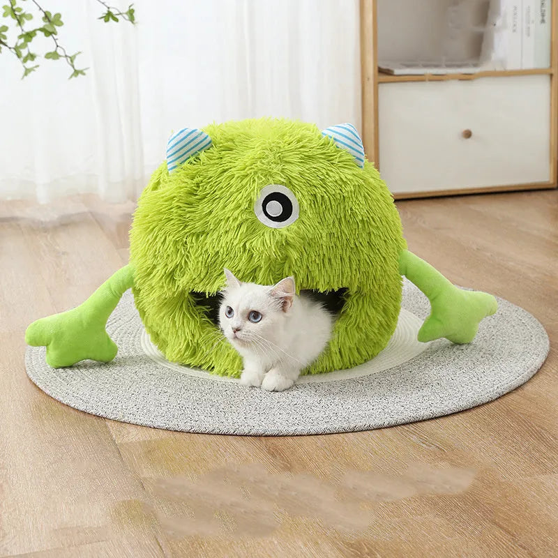 Round plush cat bed for indoor cats and small dogs in three sizes