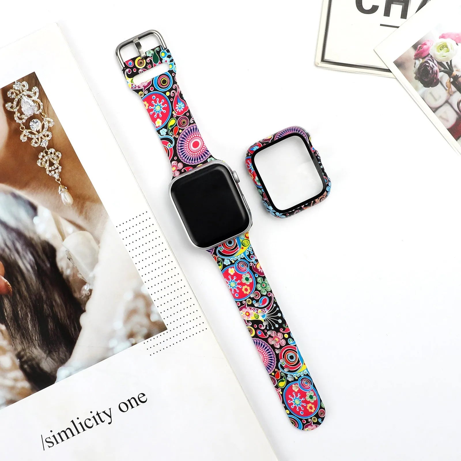 Printed silicone Apple Watch compatible strap shown in multiple design styles for 38mm 40mm 42mm 44mm cases.