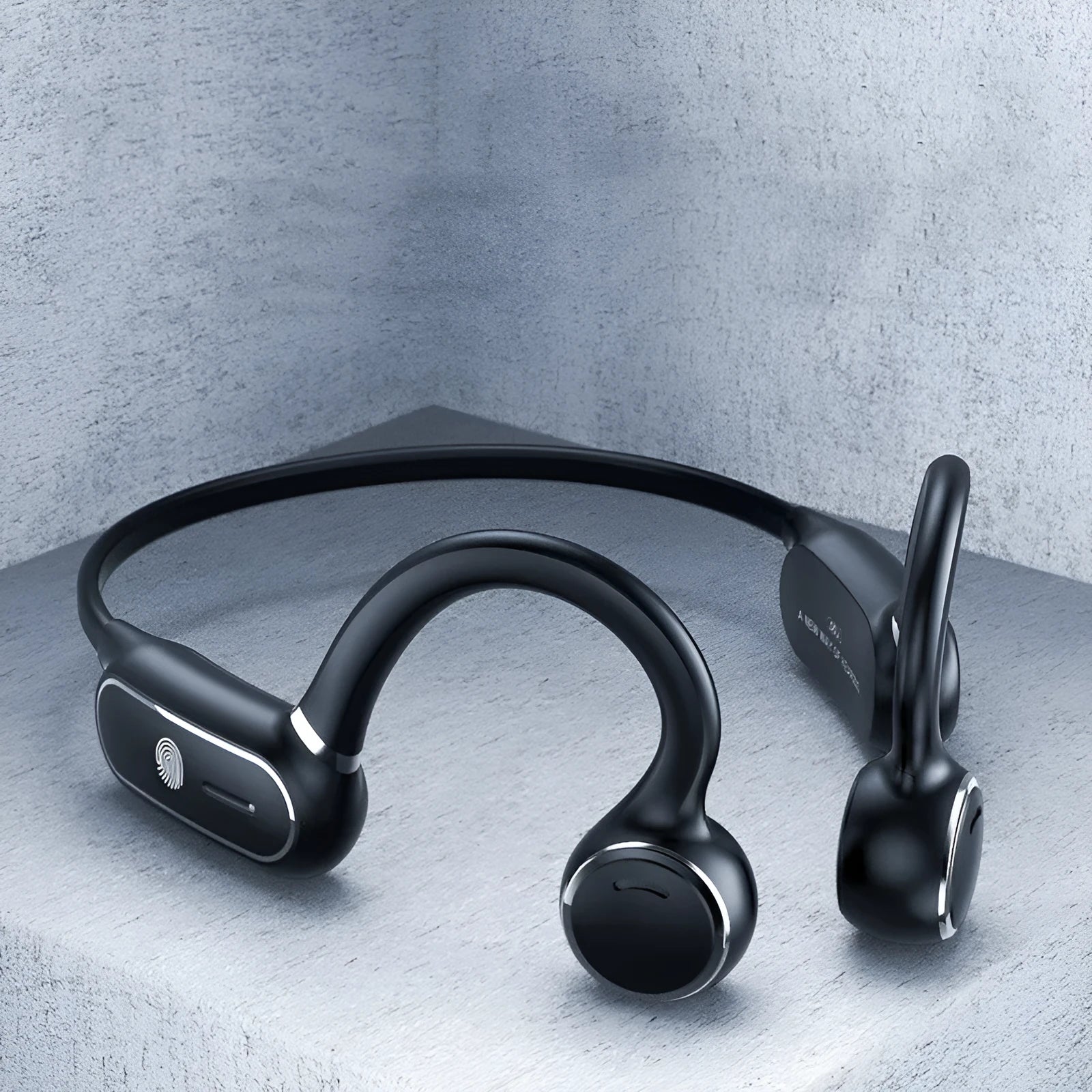 Black air conduction Bluetooth earphones with titanium frame and ear-hook design