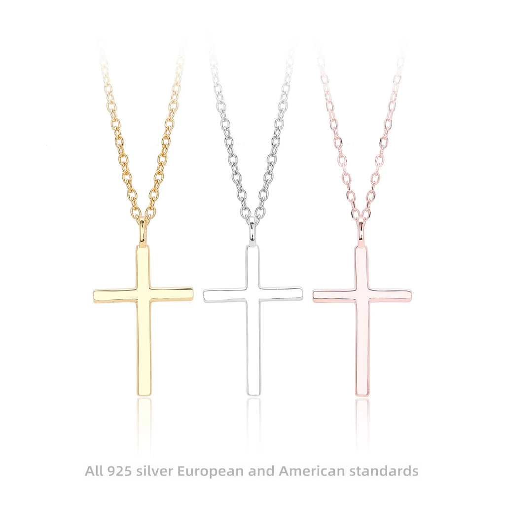 S925 sterling silver necklace with a simple glossy cross pendant on an adjustable O-shaped chain.
