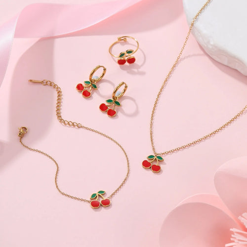 18K stainless steel cherry jewellery set with necklace, bracelet, earrings, and ring featuring geometric design