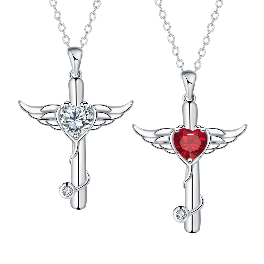 Stethoscope necklace with wings cross pendant on 45cm chain, available in white diamond or red diamond colour options
