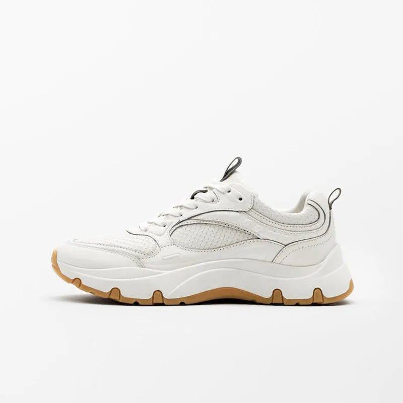 Women's beige first layer cowhide round toe sneakers with thick sole and cross strap detail