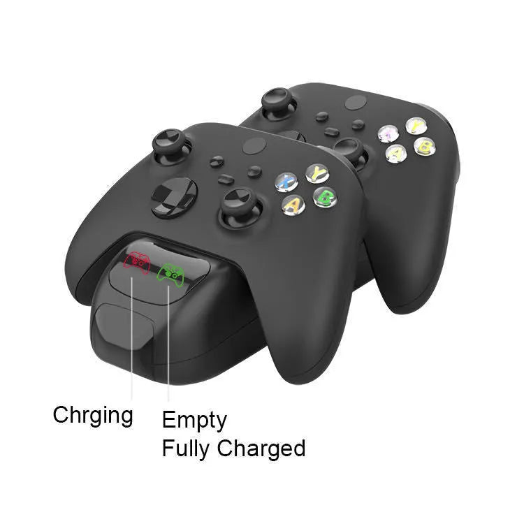 Black Xbox Series X/S dual controller charging station with LED indicators and two 600mAh battery packs