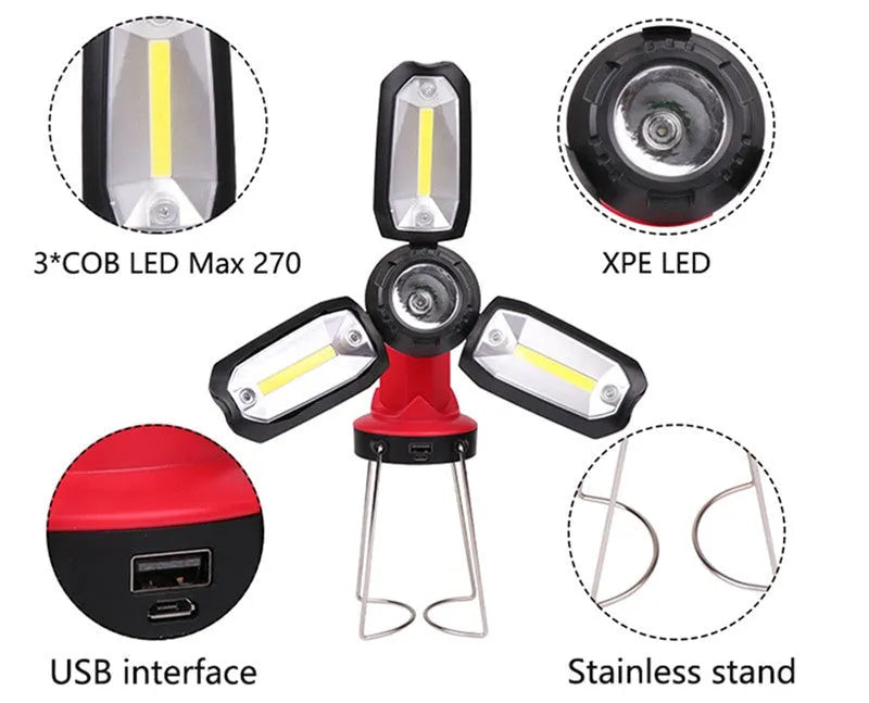 Red LED camping light with eight modes, deformable table lamp, and built-in power bank function