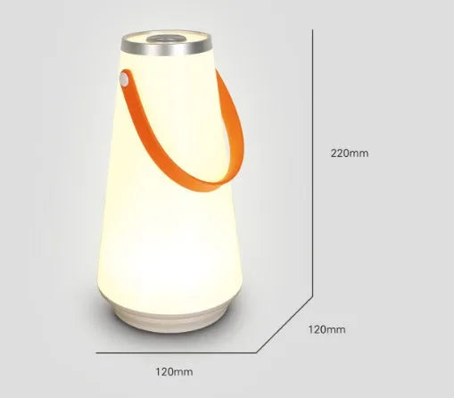 White rechargeable LED bedside night light with touch controls showing compact 12cm square design