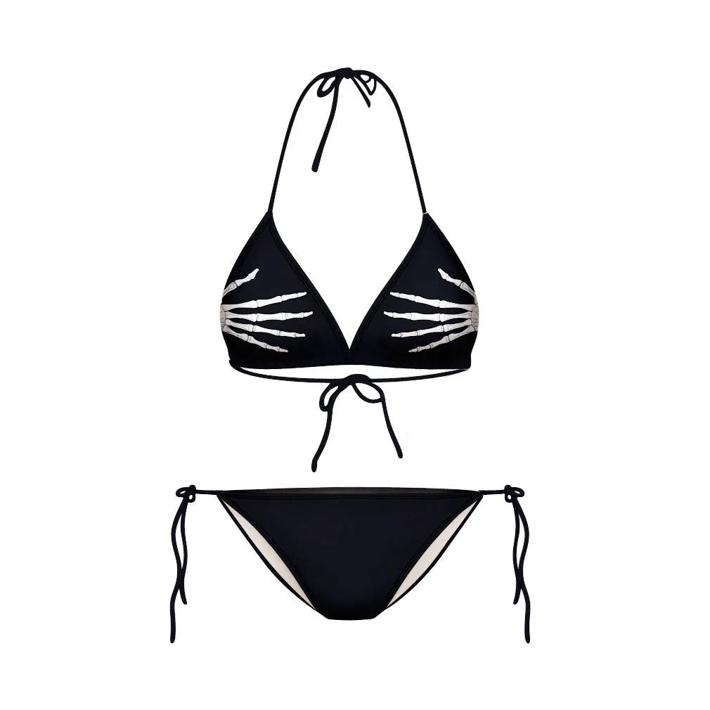 3D printed skull graphic finger bikini mini swimsuit in blue